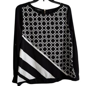 Alfani Black and White Geometric Blouse size 8 petite striped and circles